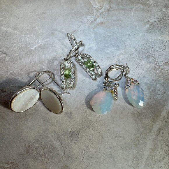 Vintage Avon Silver Tone Assorted Dangle Earrings Set With Rhinestones & Shell - Picture 5 of 5